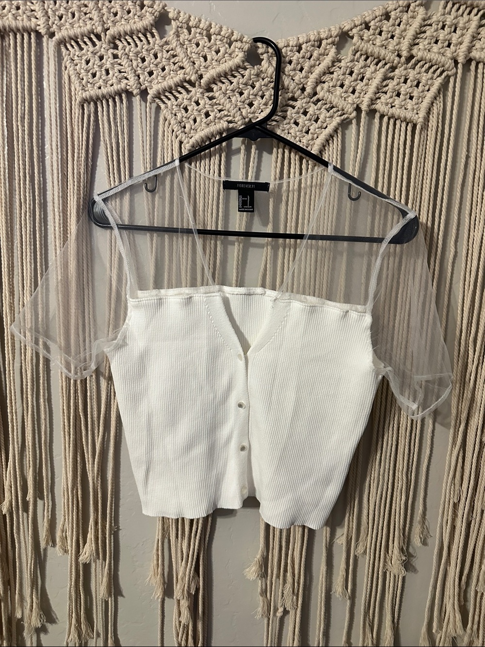 Forever 21 White Ribbed Button-Front Crop Top with Sheer Mesh Sleeves